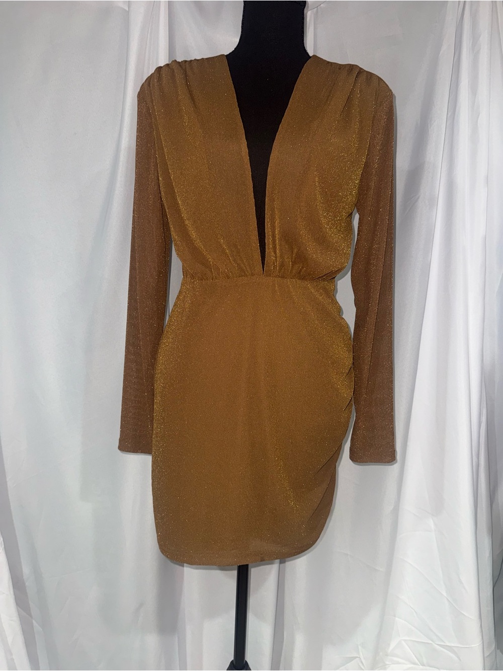 Le Lis Metallic Bronze Deep V Long Sleeve Mini Dress